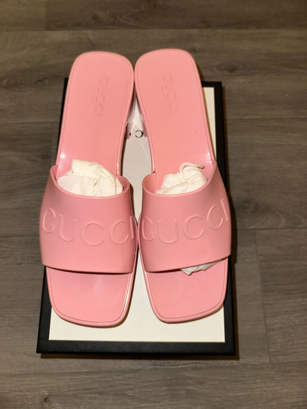 Gucci Pink Embossed Logo Slide Sandals
